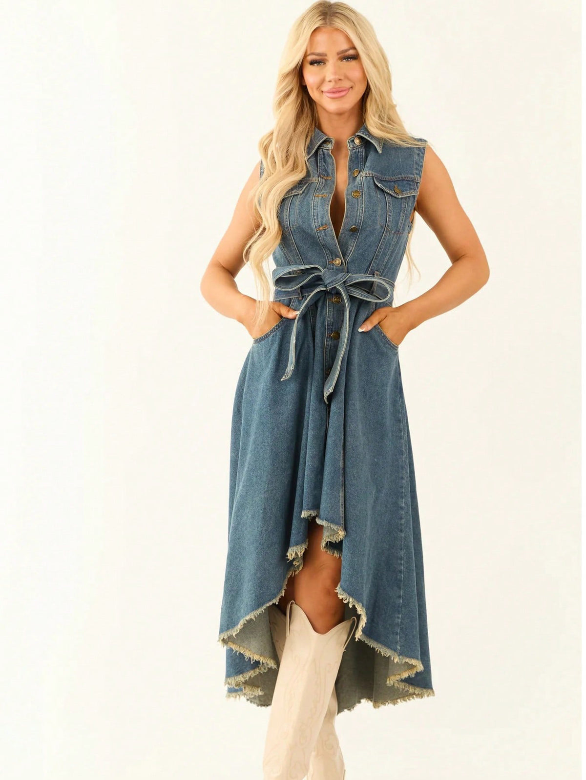 Sleeveless Denim Dress with Adjustable Waist