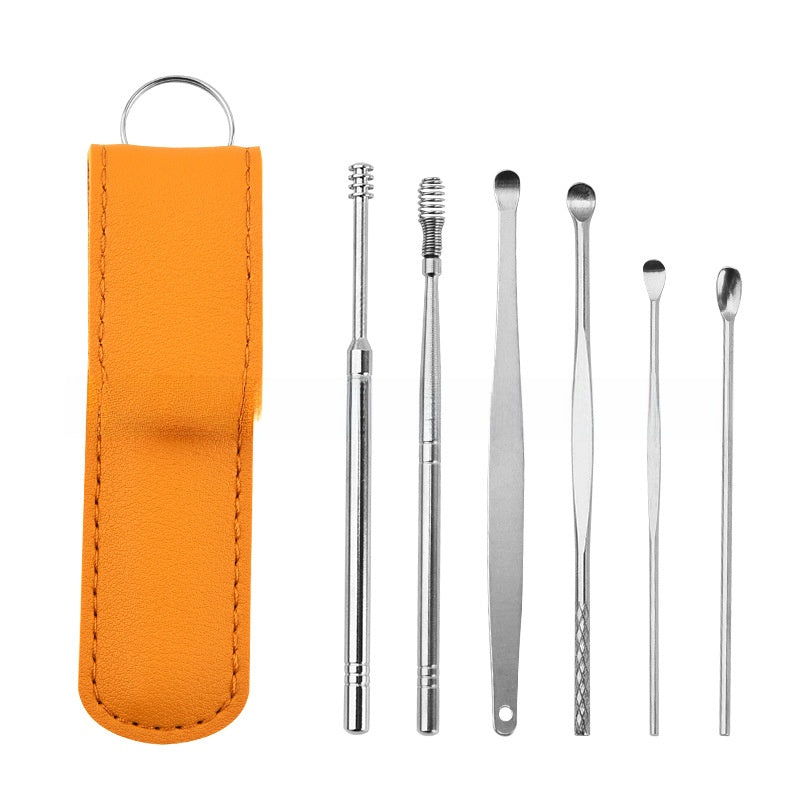 Stainless Steel Ear Scoop Double-Headed Spiral Ear Scoop Ear Cleaner Ear Picking Tool 6-Piece Set