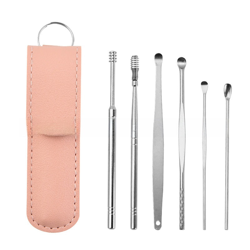 Stainless Steel Ear Scoop Double-Headed Spiral Ear Scoop Ear Cleaner Ear Picking Tool 6-Piece Set
