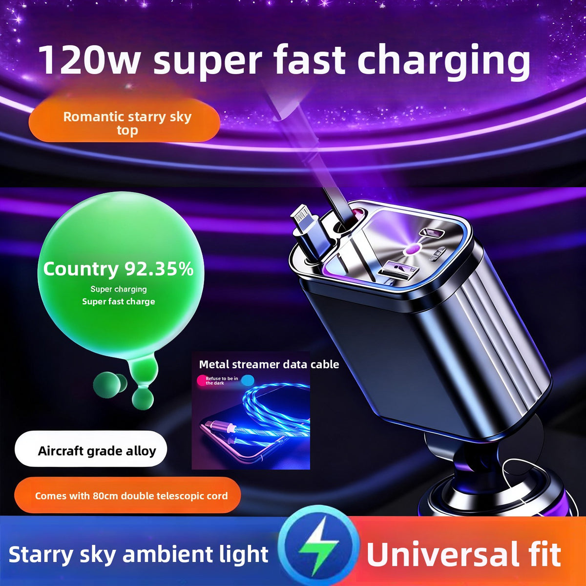 Starry Sky Car Charger 120W with Retractable Cable