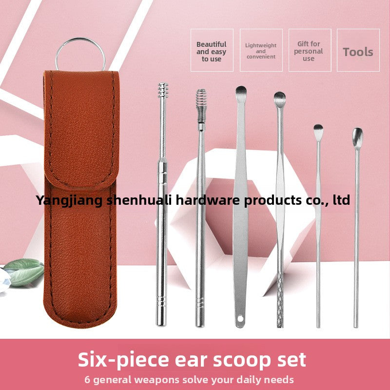 Stainless Steel Ear Scoop Double-Headed Spiral Ear Scoop Ear Cleaner Ear Picking Tool 6-Piece Set