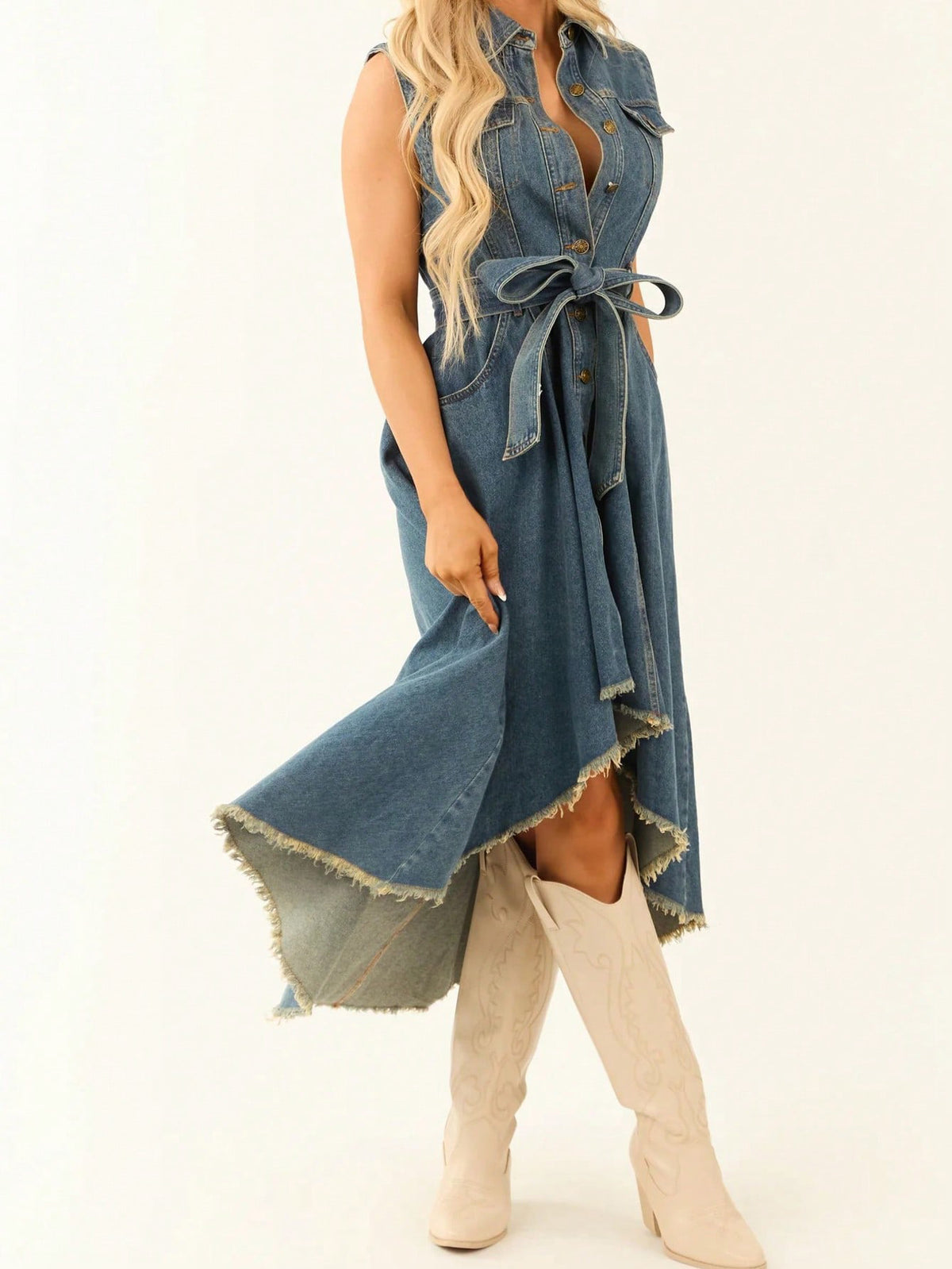 Sleeveless Denim Dress with Adjustable Waist