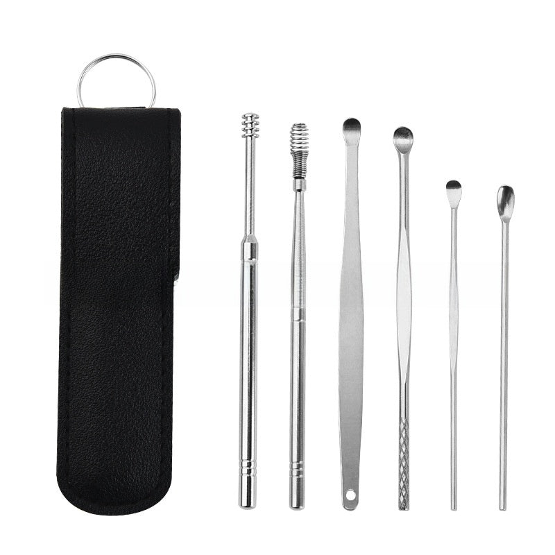 Stainless Steel Ear Scoop Double-Headed Spiral Ear Scoop Ear Cleaner Ear Picking Tool 6-Piece Set