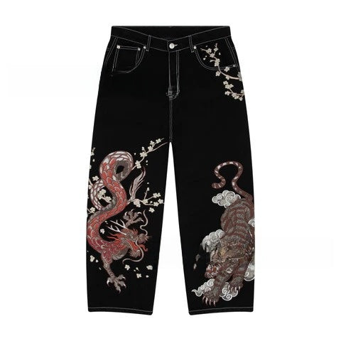 Embroidery Dragon Denim Pants