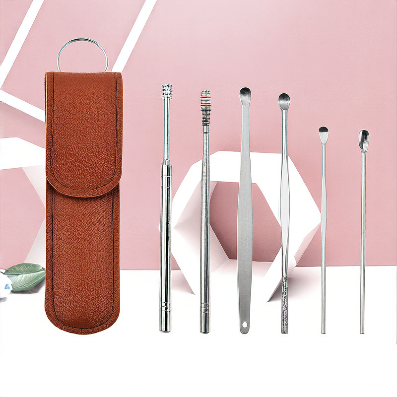 Stainless Steel Ear Scoop Double-Headed Spiral Ear Scoop Ear Cleaner Ear Picking Tool 6-Piece Set