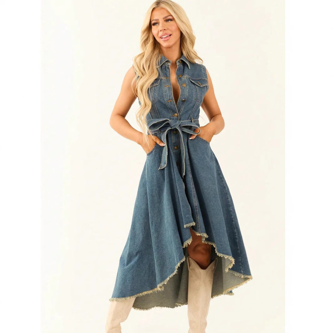 Sleeveless Denim Dress with Adjustable Waist